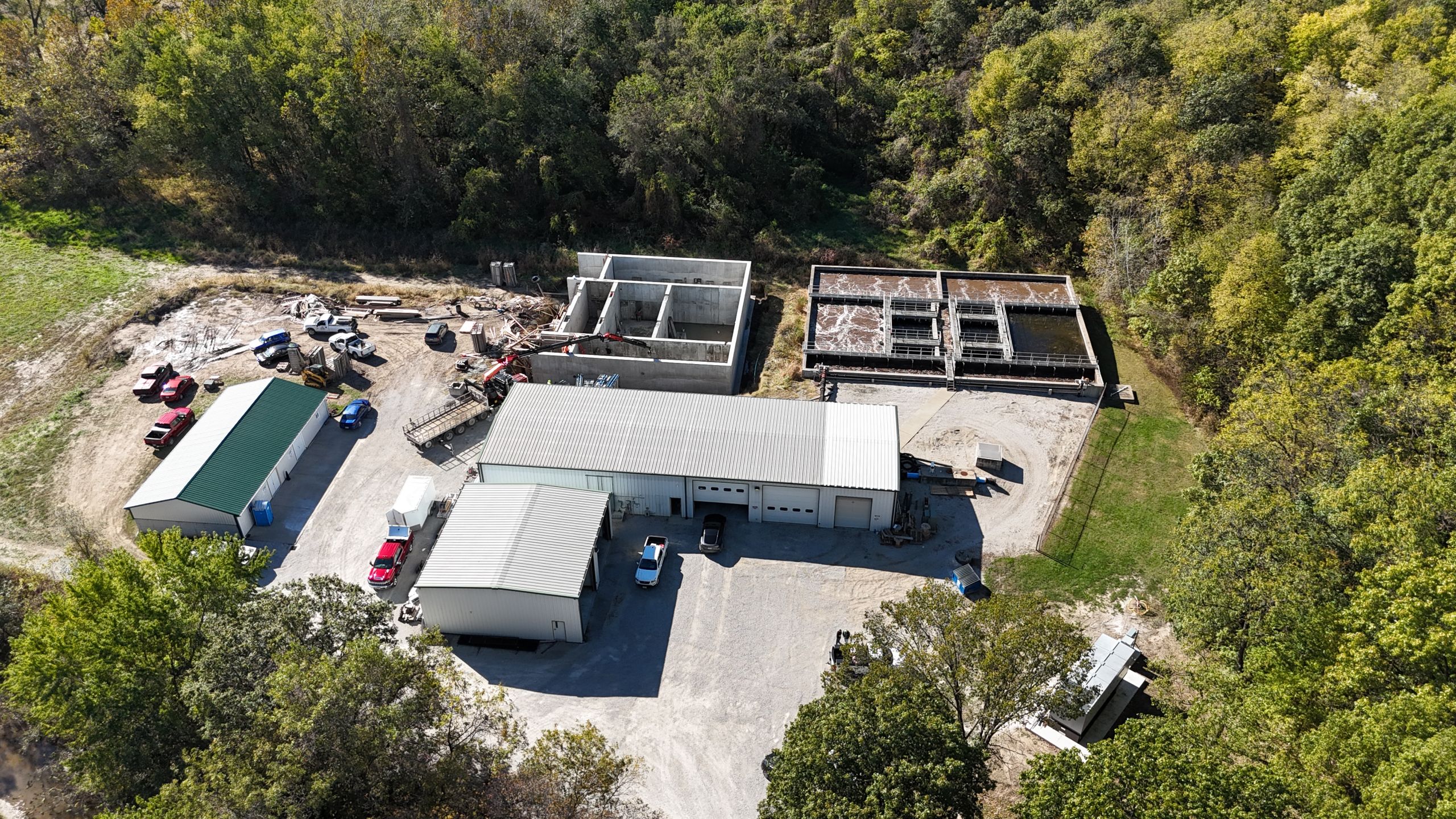 Drone photography of a Havens infrastructure project showing the site layout, concrete treatment basins, and operations buildings in Missouri.